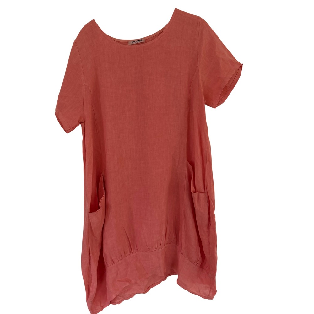 Meo Meli Italy Linen Tunic Dress Coral Pink Short Sleeve Pocket Bubble Hem L/XL
